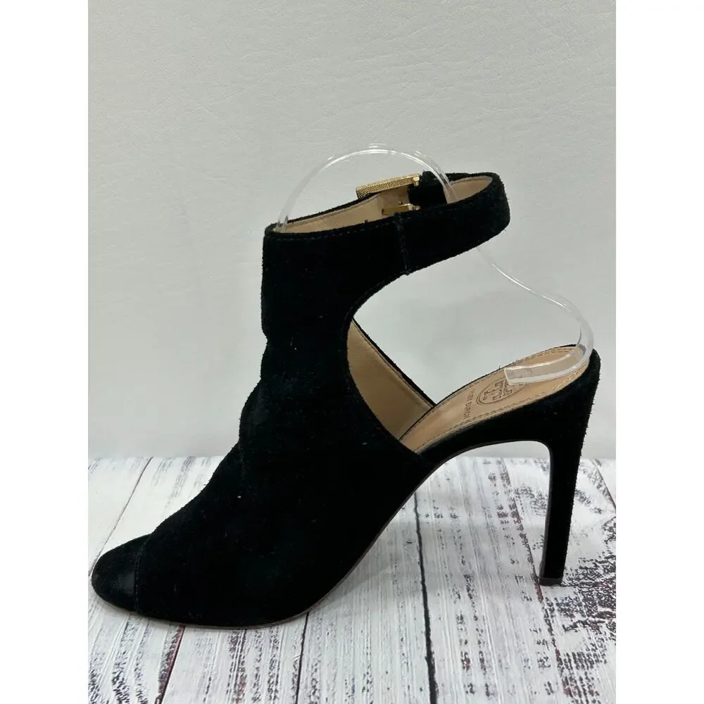 Tory Burch Women's Black Leather Brittania Peep Toe Suede Bootie Size 8.5M